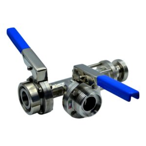 TEE CON SPECOLA VISIVA COMPLETO DI VALVOLE A FARFALLA DN32, ATTACCHI F M+G SUI RAMI E F SUL TRONCO, IN ACCIAIO AISI 304